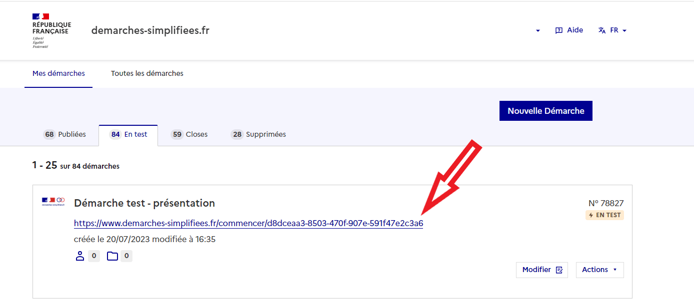 Affichage du lien de test de la démarche