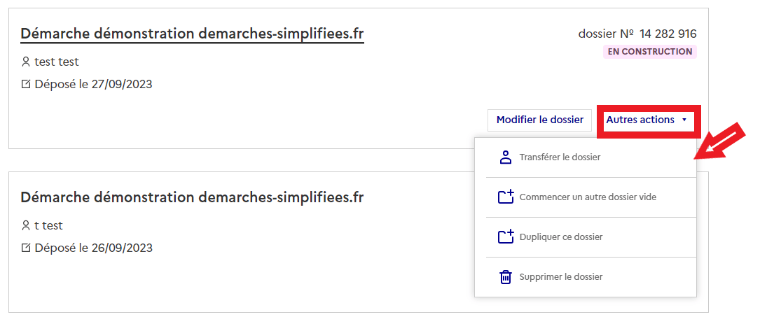 Image illustration le bouton Autres actions avec le menu de transfert de dossier