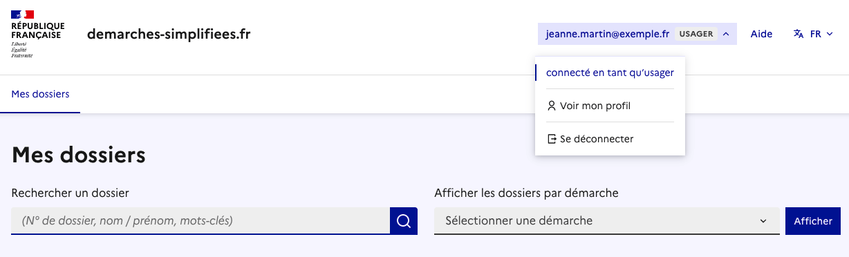 Menu Usager avec lien Voir mon profil