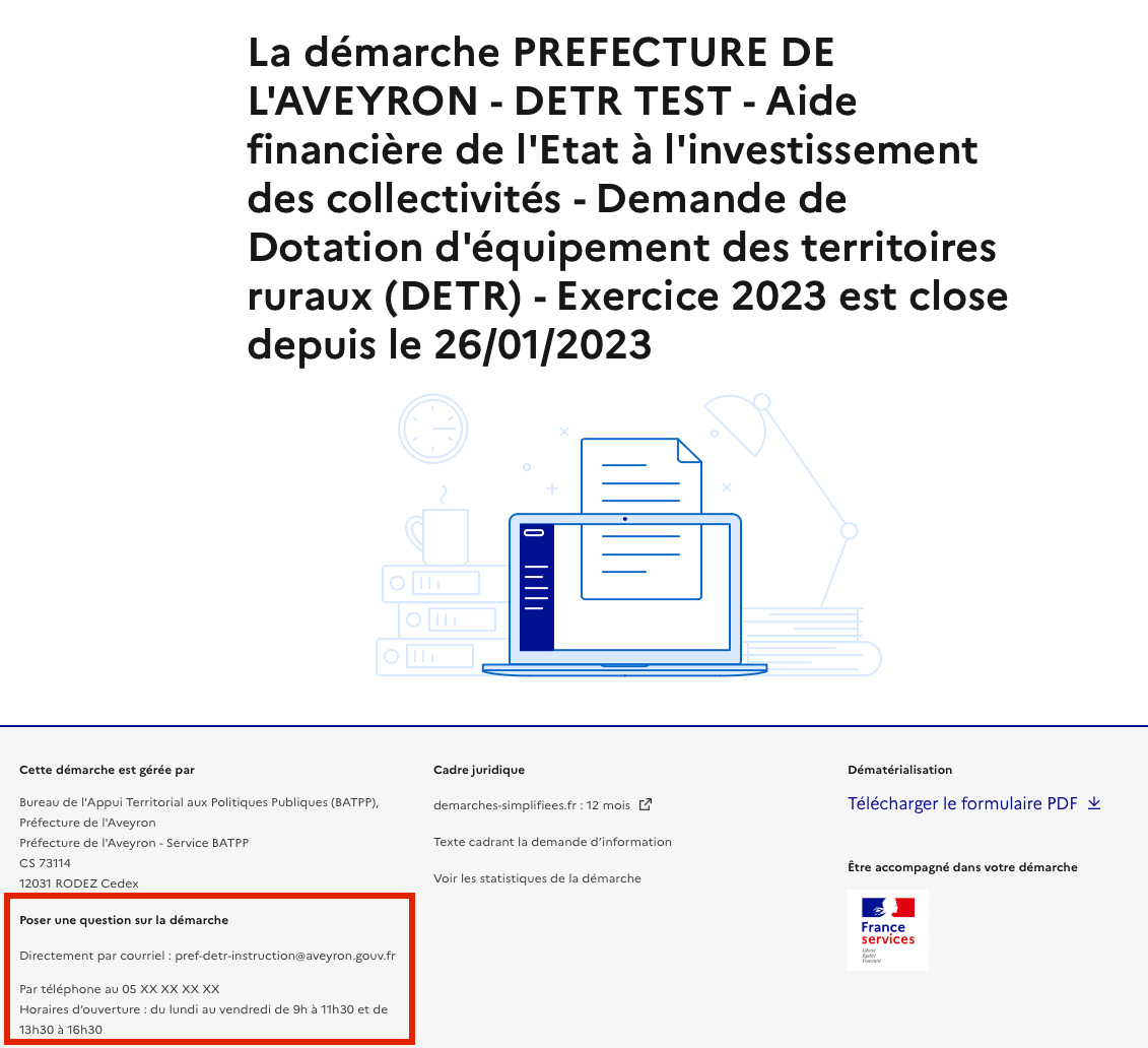 Image montrant comment trouver les informations de contact d’une démarche